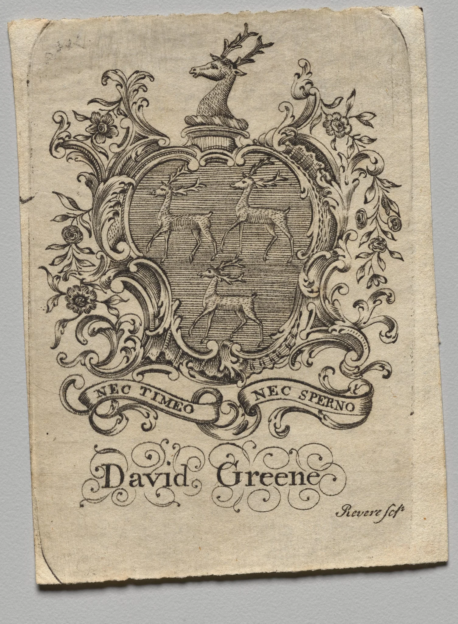 Bookplate:  Coat of Arms with David Greene inscribed below, by Paul Revere II, 1782