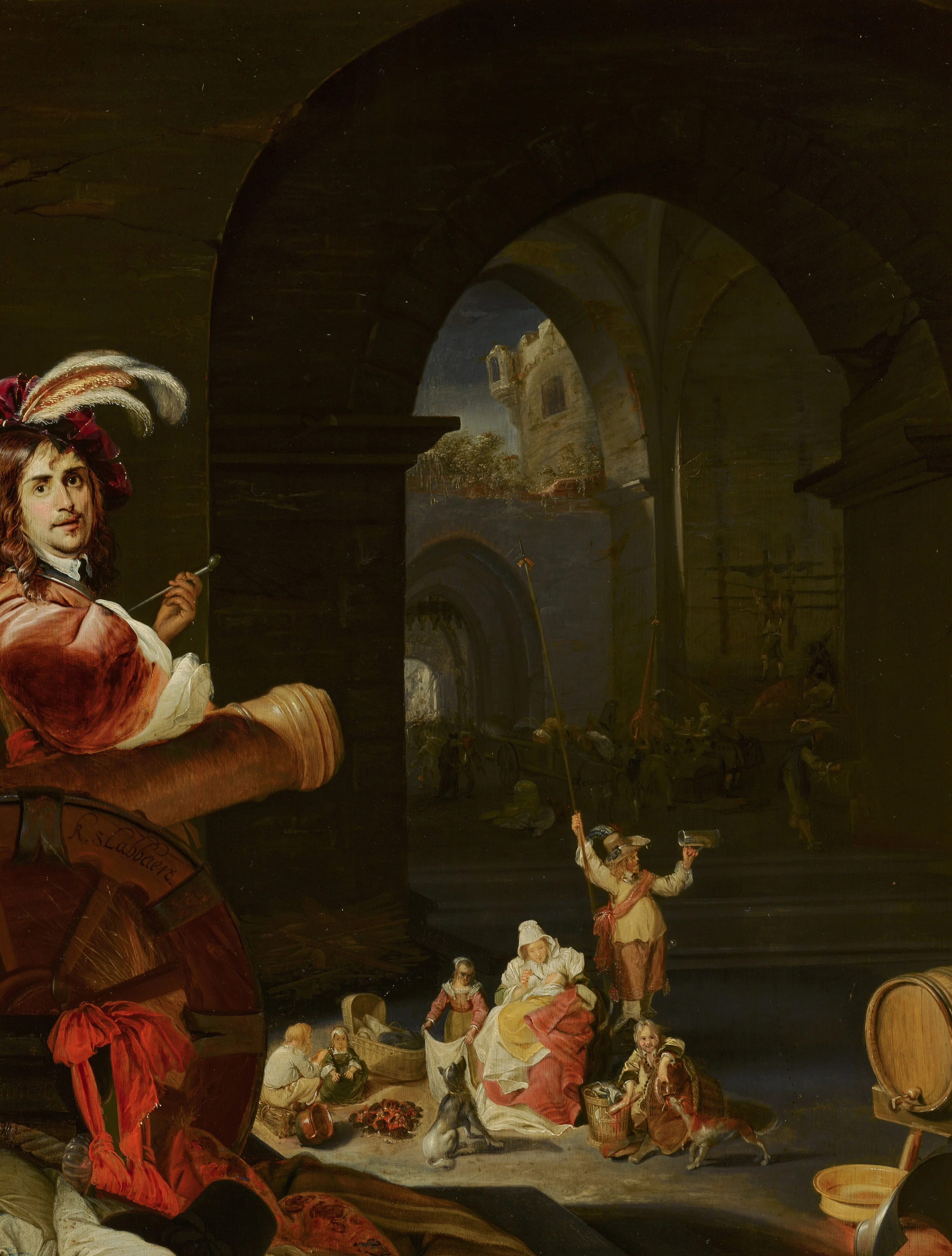 Soldiers and Other Figures among the Ruins of a Castle, with a Self-Portrait of the Artist in the Foreground