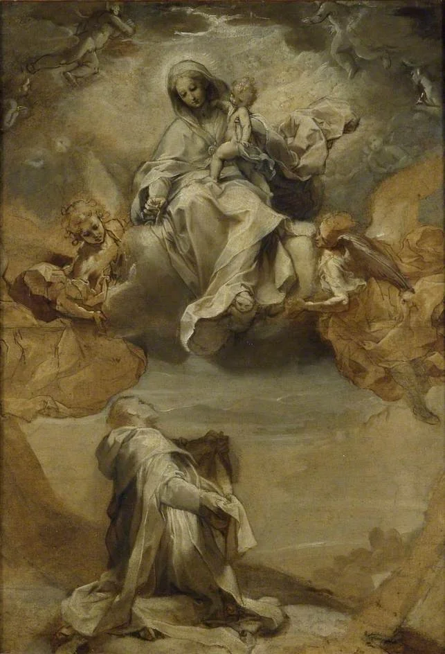 St Dominic de Guzmán receiving the Rosary, by Federico Barocci, unspecified, 1594