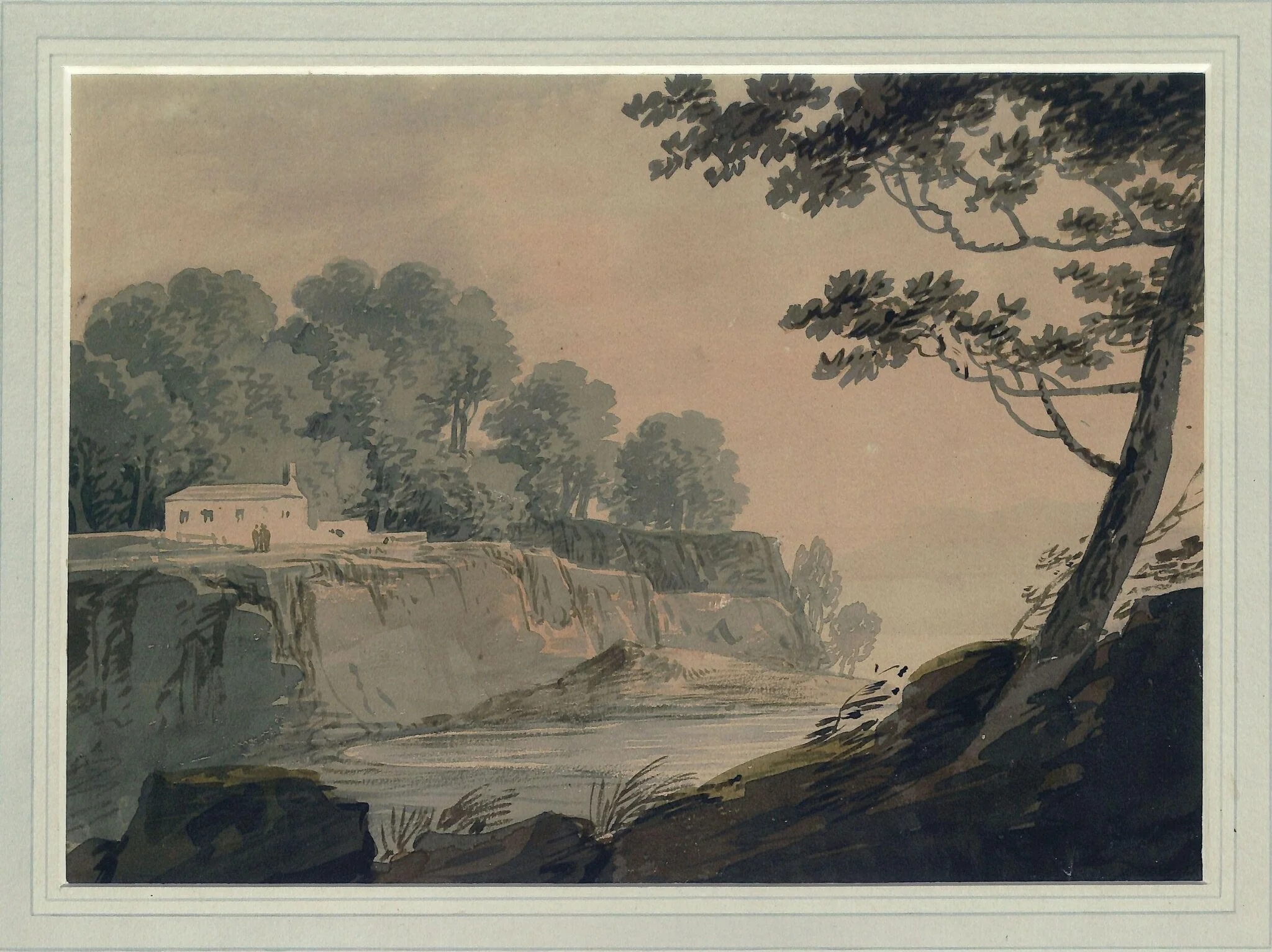 River scene with cottage and trees