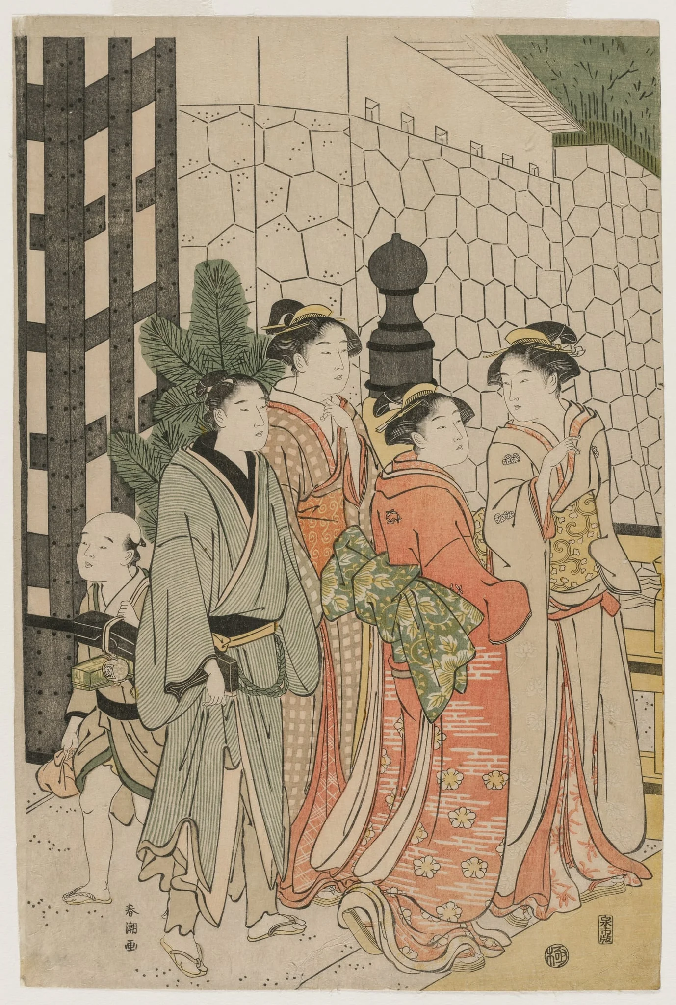Young Man and Women on Tokiwa Bridge, by Katsukawa Shunchō, 1794