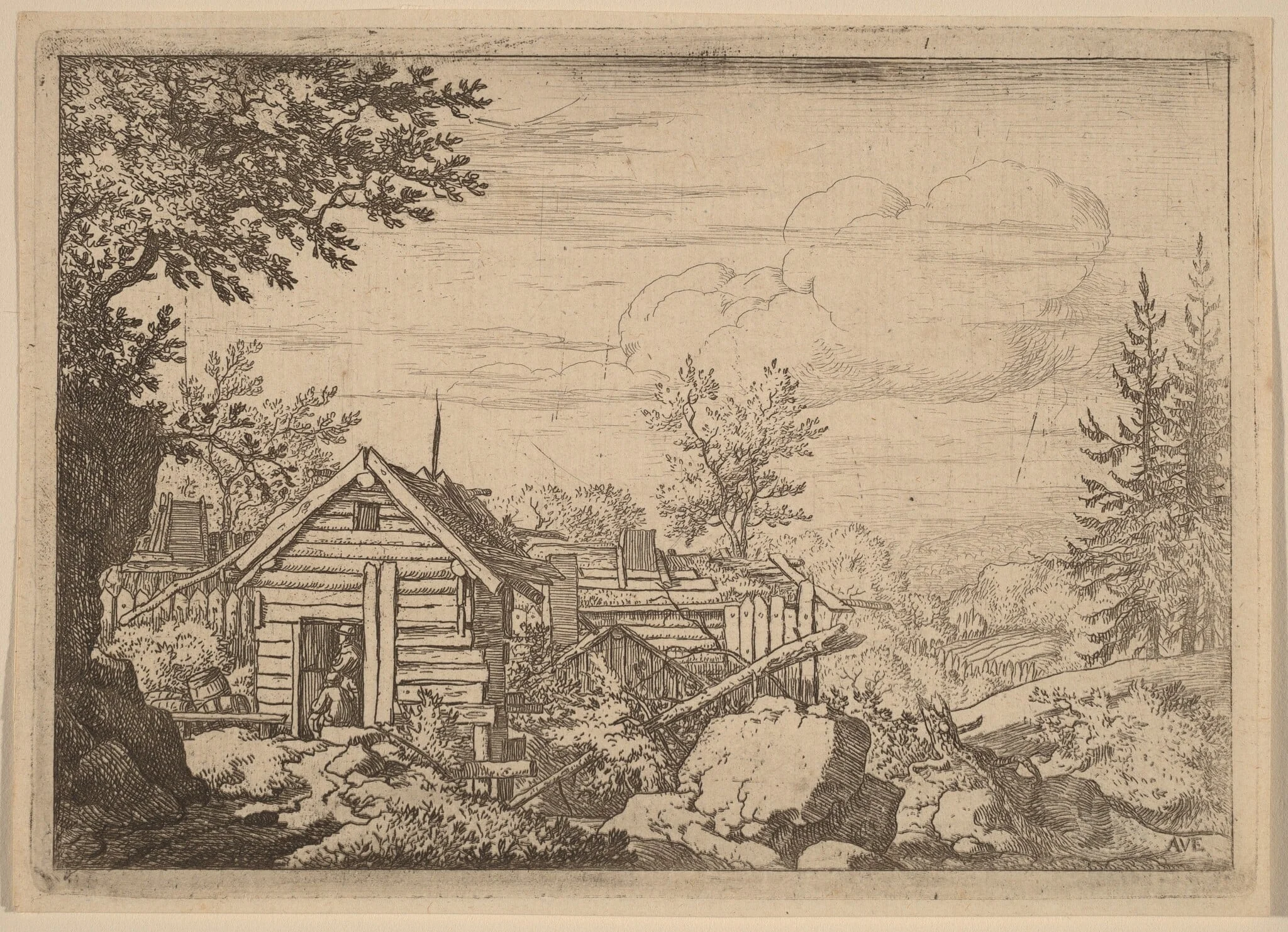 Two Men in the Doorway of a Hut, by Allart van Everdingen, ink, 1650