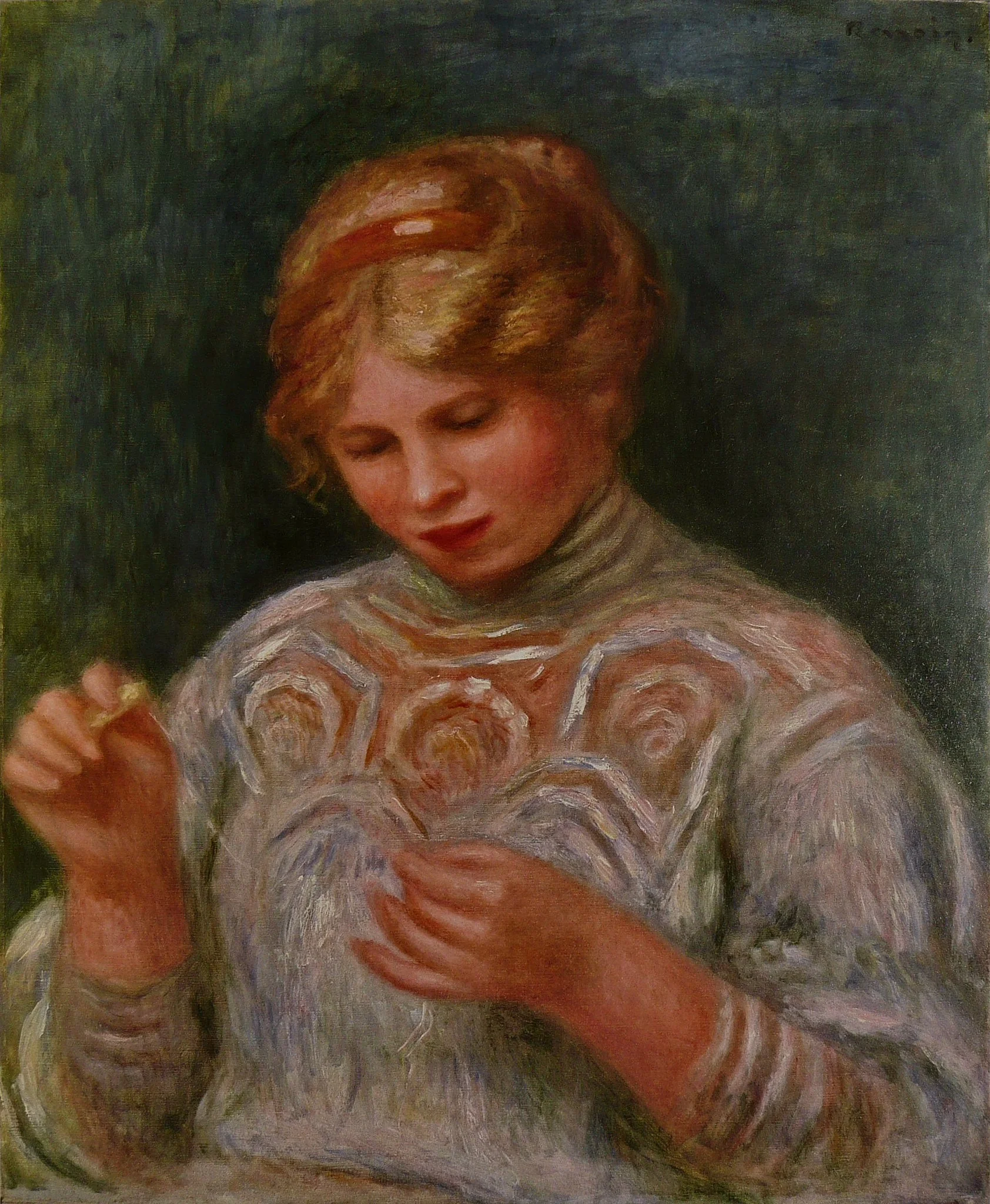 Girl Tatting, by Auguste Renoir, oil, 1906