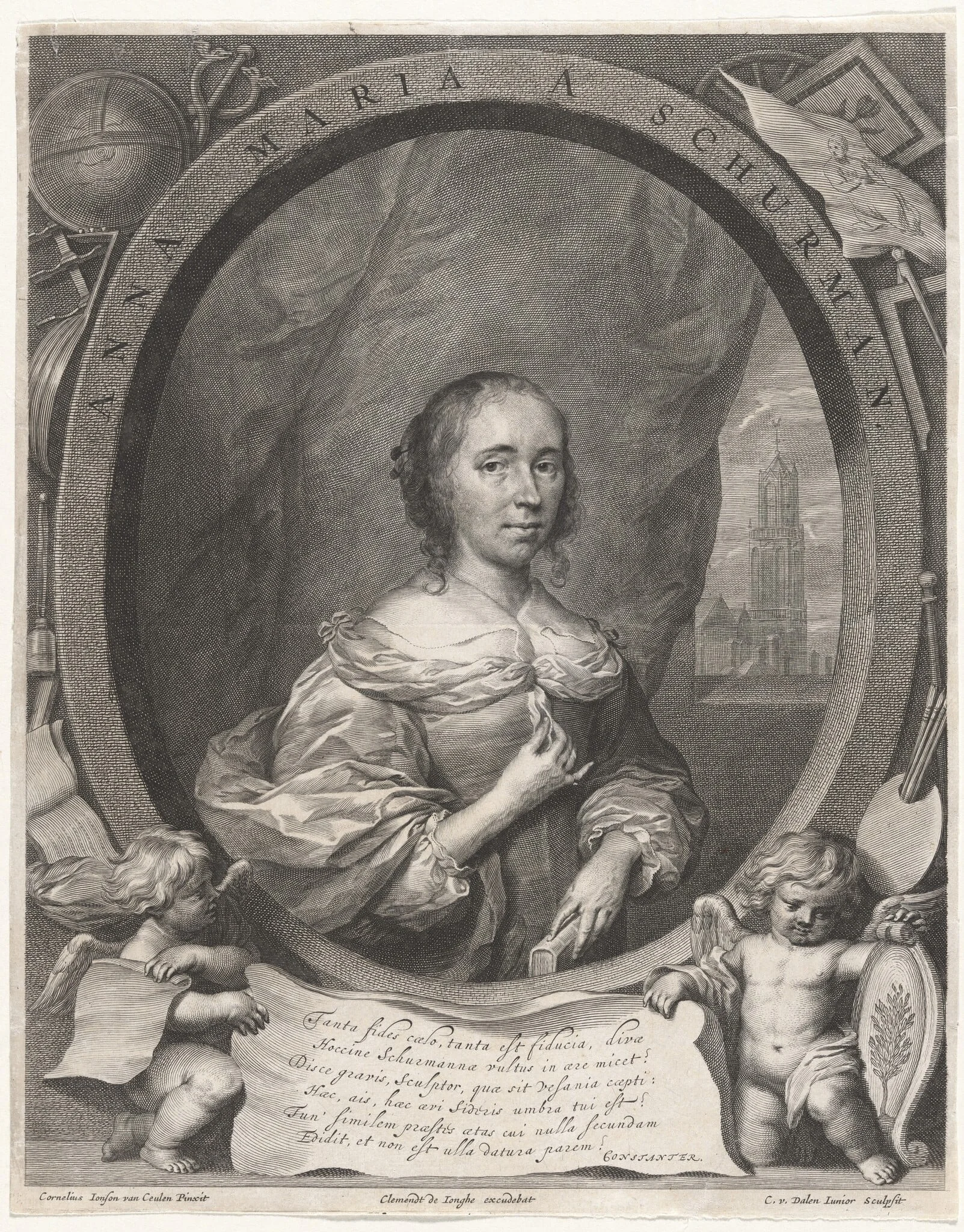 Anna Maria van Schurman, by Cornelis van Dalen the Younger, ink, 1657