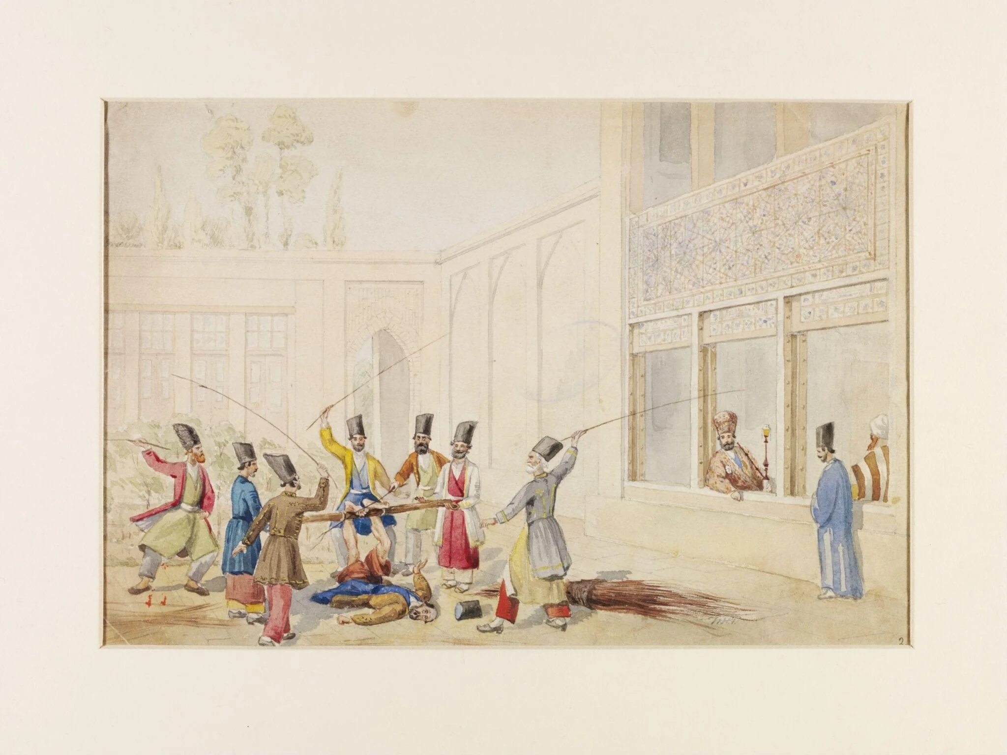Administering the Felek or bastinado in Persia, by William Henry Pierson, watercolor, 1869