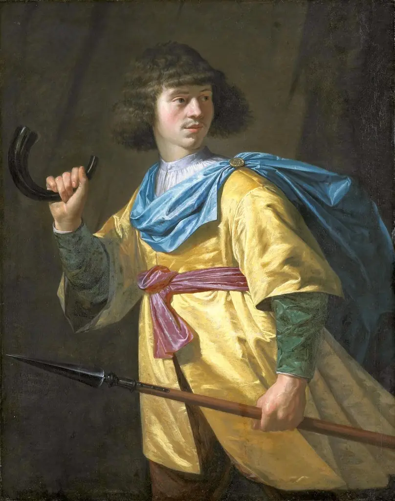Portrait of a young man with a javelin and a hunting horn