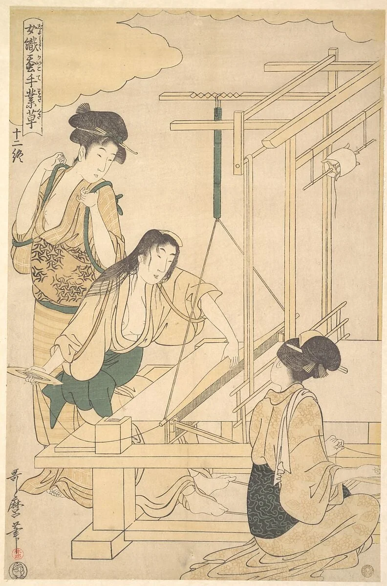 女織蚕手業草　十二終|Women Weaving Silk Cloth, by Kitagawa Utamaro, ink, 1800