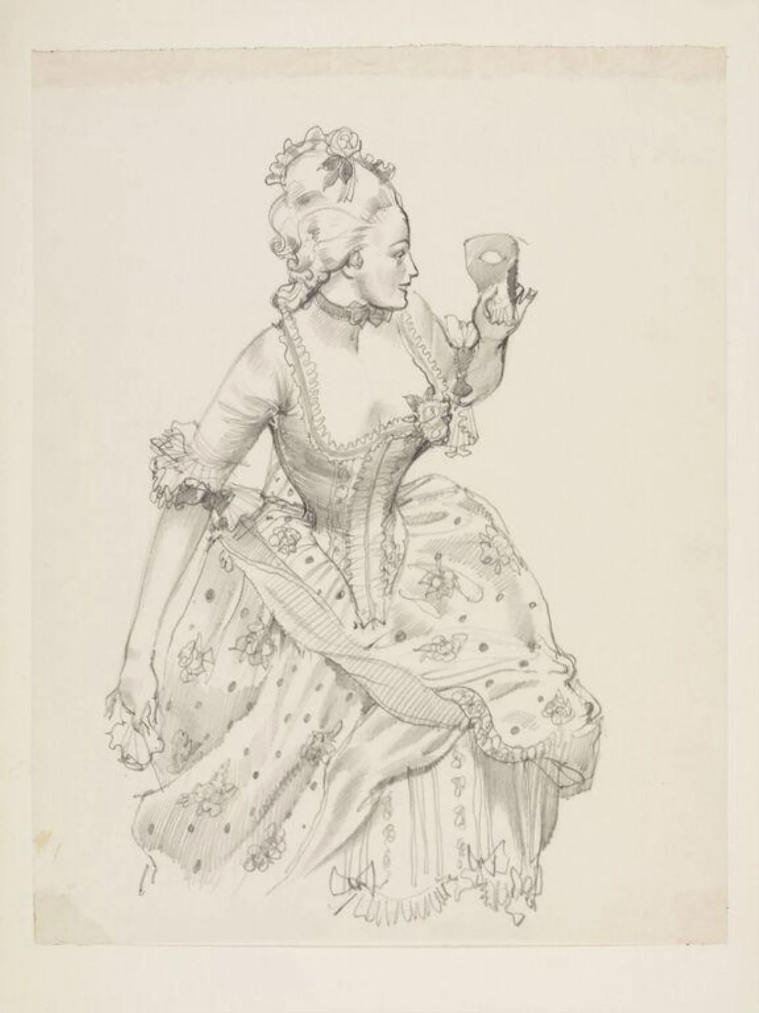 Woman in eighteenth century dress and masque, by Wilfrid R. Addey, 1950