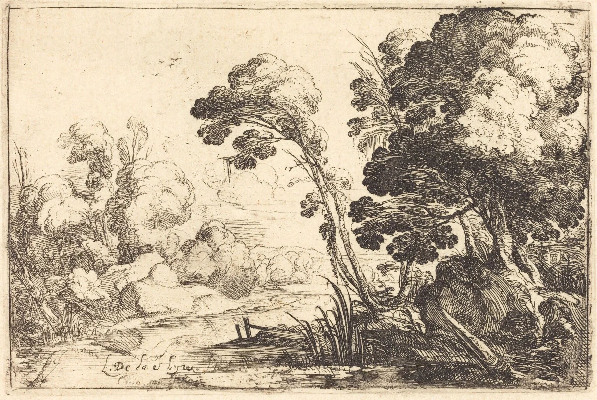 Wooded Landscape with a River, by Laurent de La Hyre, ink, 1640