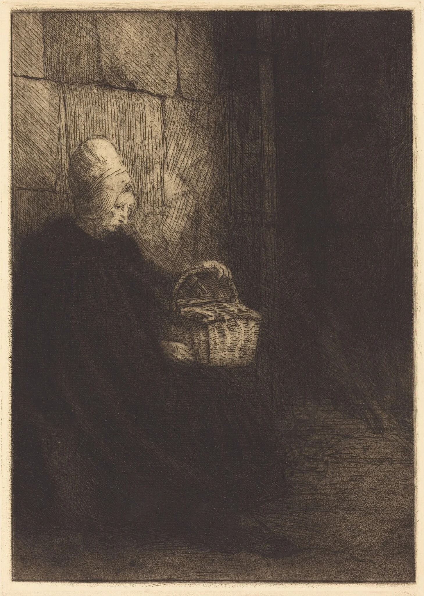 Peasant Woman of Boulogne (Paysanne des environs de Boulogne dite La femme au panier), by Alphonse Legros, ink, 1874