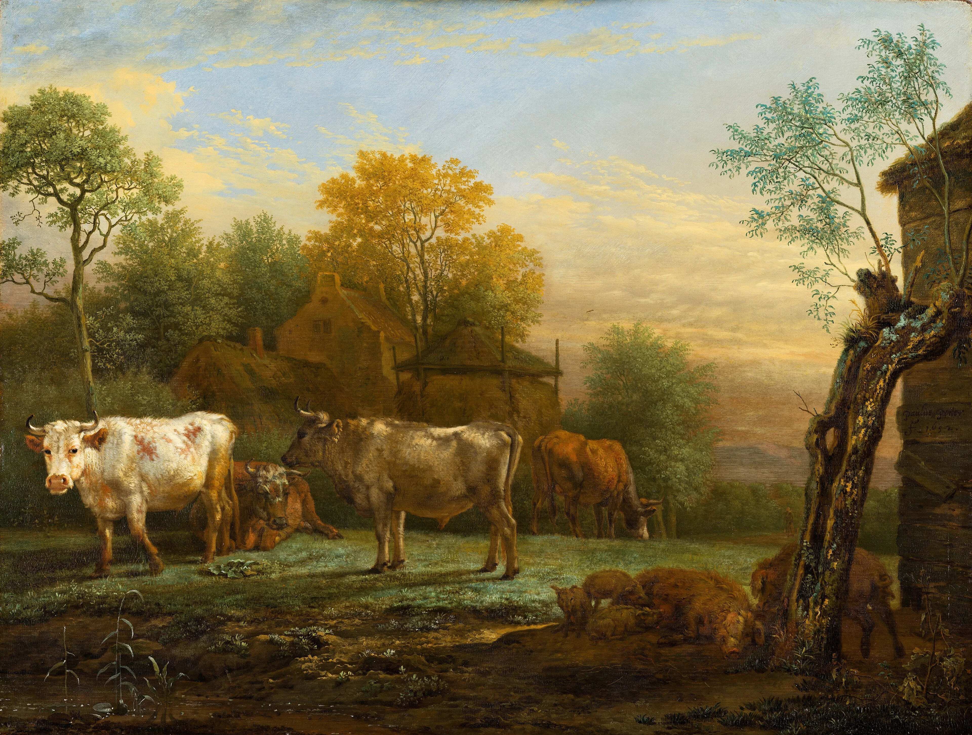 Cattle in a Meadow, by Paulus Potter, oil, 1652