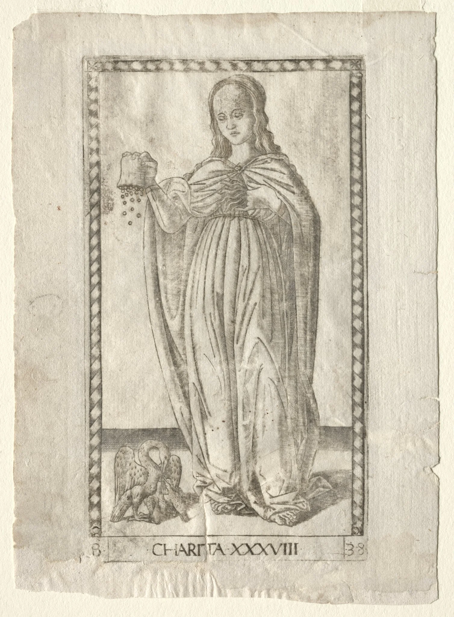 Charity (from the Tarocchi, series B: Cosmic Principles & Virtues, #38), by Master of the E-Series Tarocchi, 1467