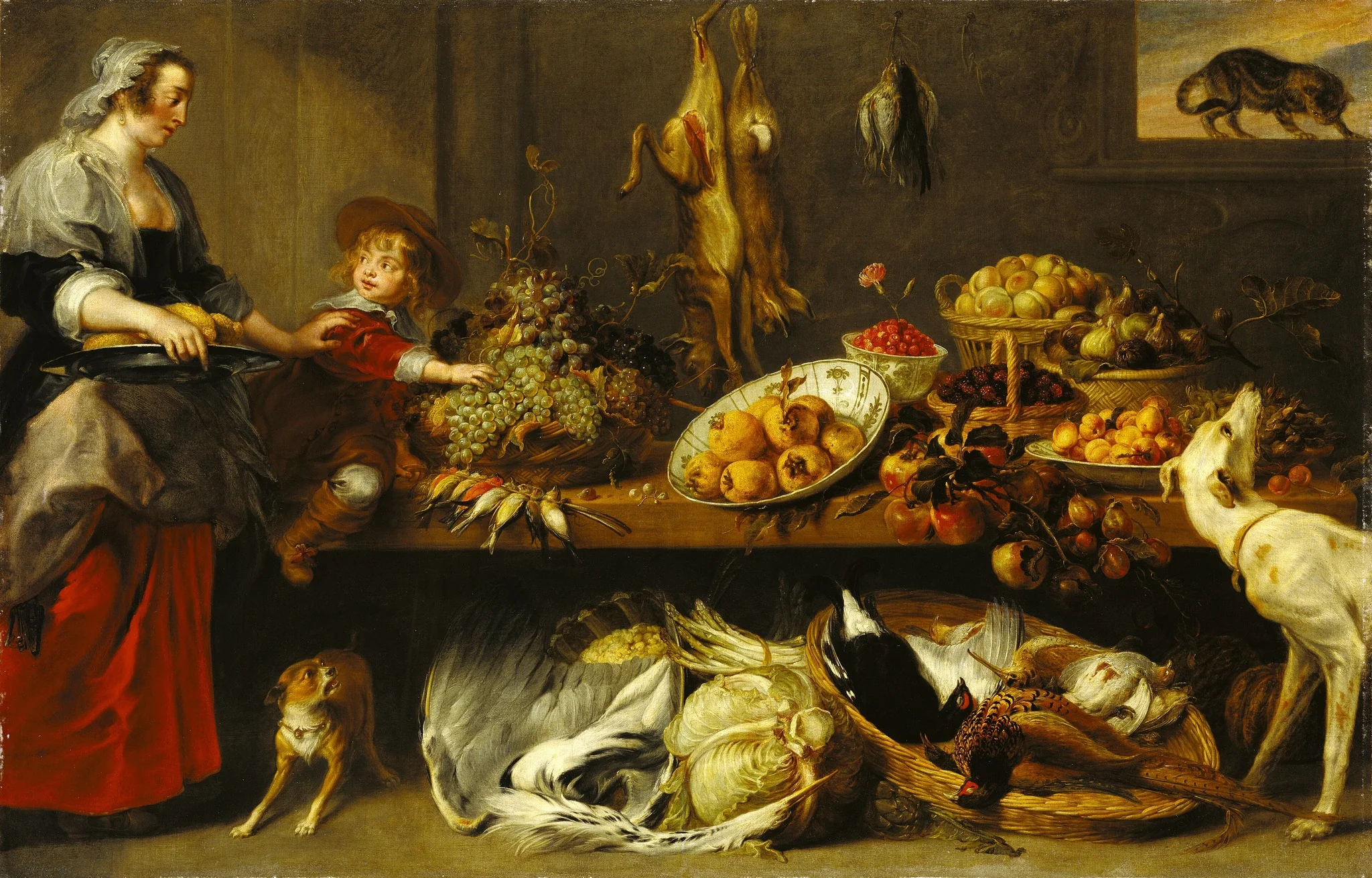 Kitchen Still Life with a Maid and Young Boy, by Frans Snyders, oil, 1650