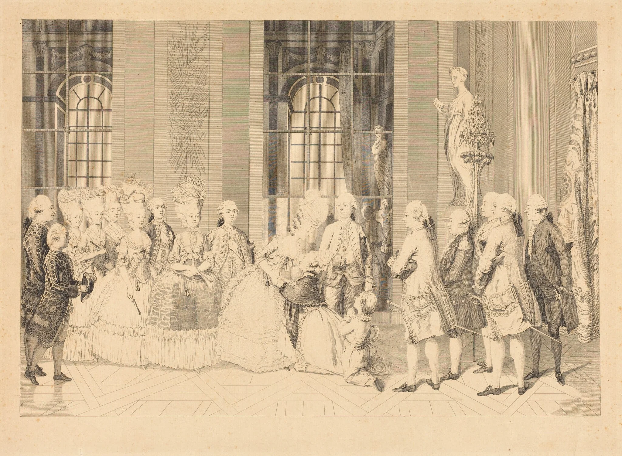 La Reine annonçant à Mme Bellegarde, des Juges, et la liberté de son mari en mai 1777, by Antoine-Jean Duclos, ink, 1779