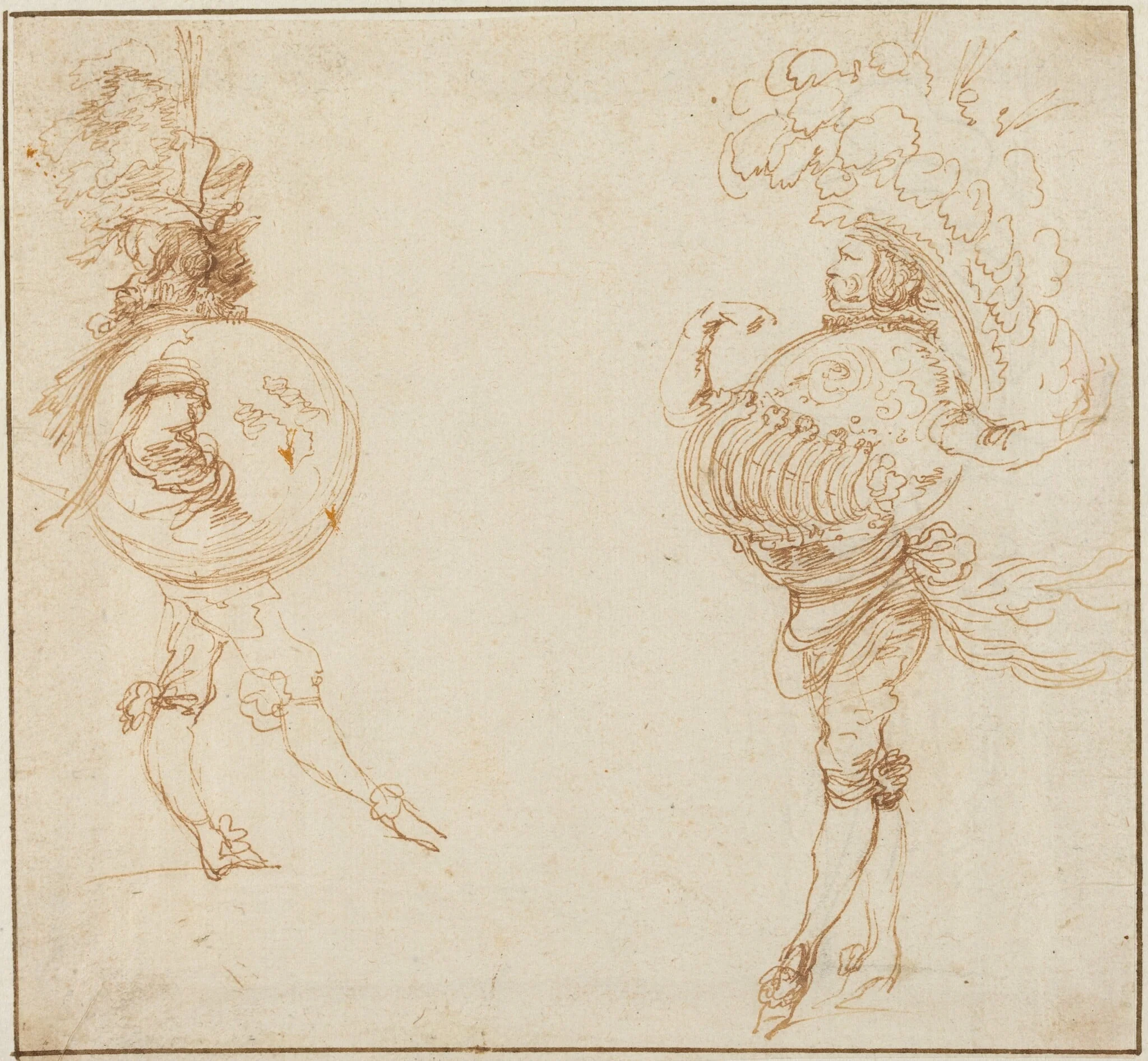 Two Men in Masquerade Costumes: The Earth and a Parade Helmet, by Stefano Della Bella, ink, 1645