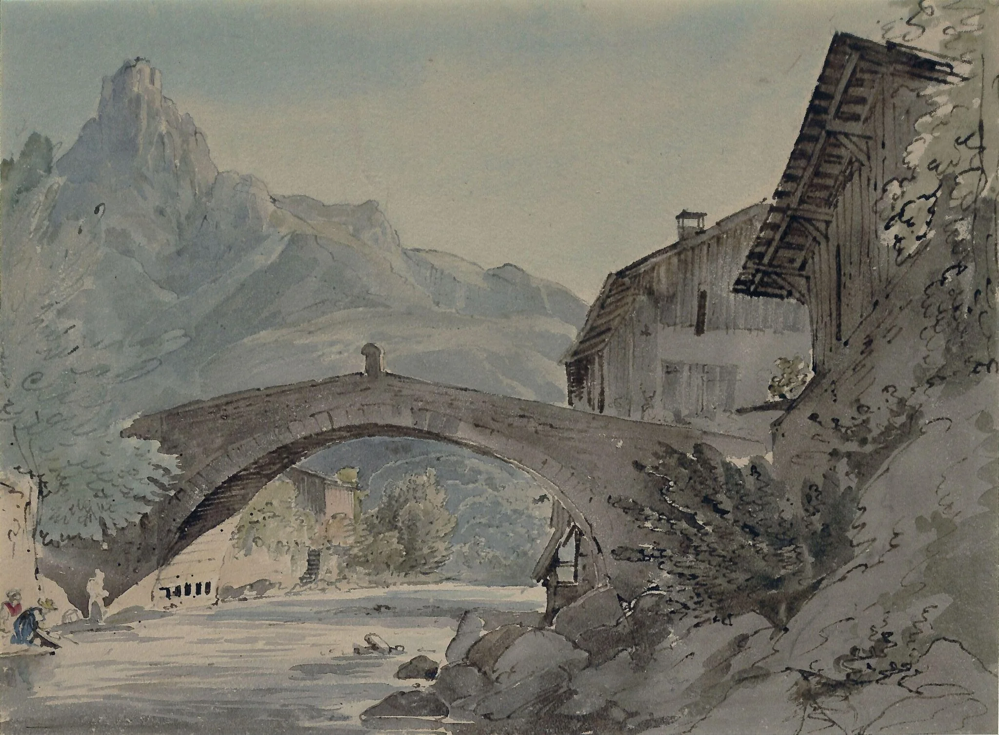 Bridge at Sallanches, and the Aiguille de Varens, by Henry William Burgess, watercolor, 11