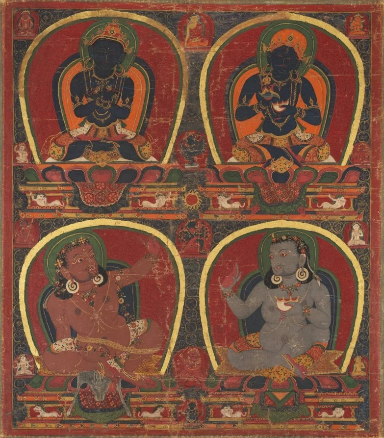 Vajradhara, Nairatmya, and mahasiddhas Virupa and Kanha, by Unknown, unspecified, 1450