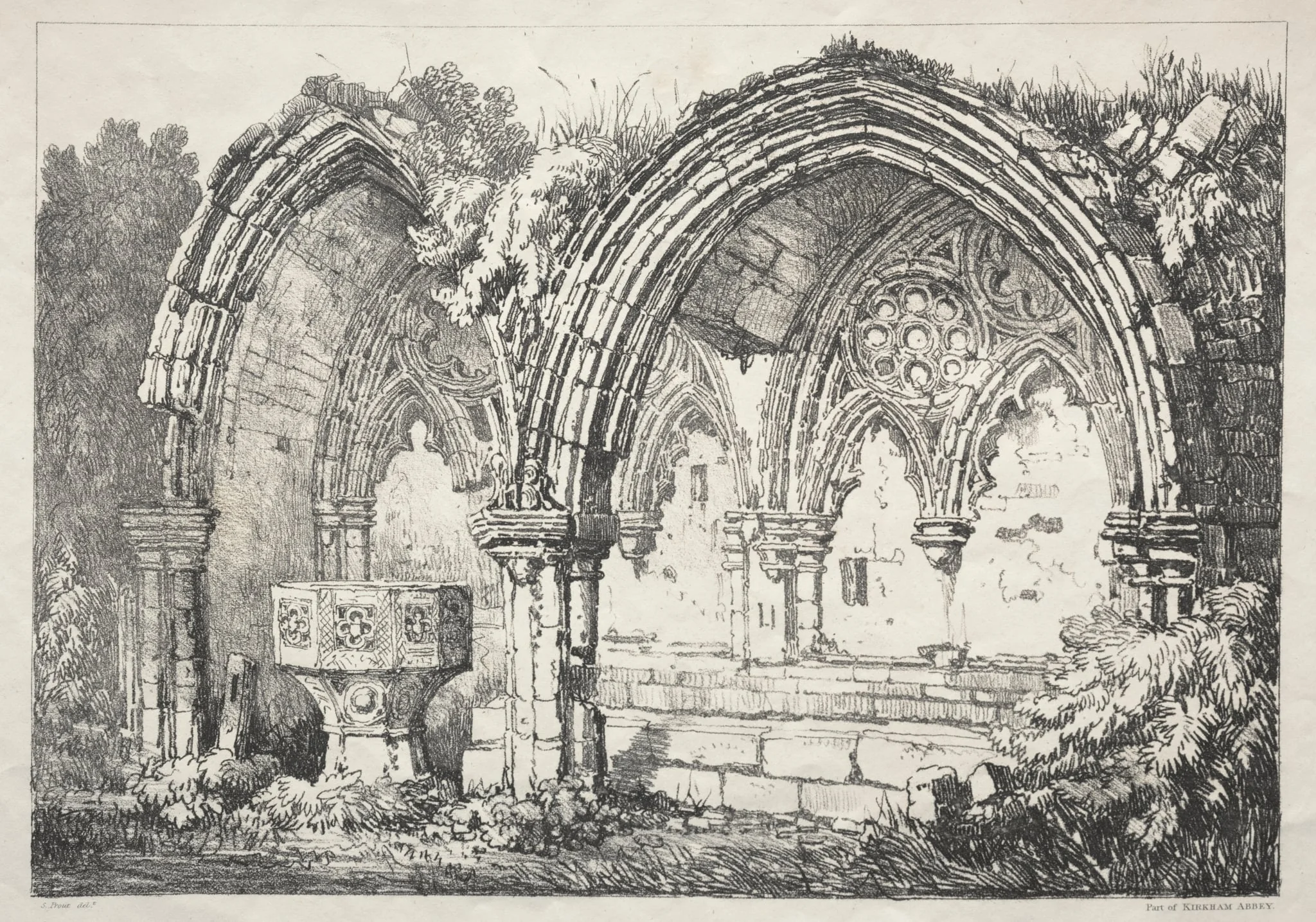 A Series of Ancient Buildings and Rural Cottages in the North of England:  Part of Kirkham Abbey, by Samuel Prout, 1821