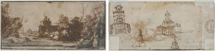 Rocky Inlet with Boats and Buildings (recto); Sketches of Castles (verso), by Unknown, 1604