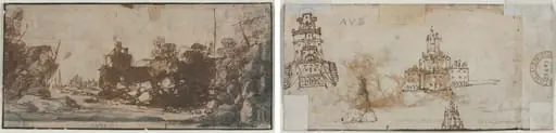 Rocky Inlet with Boats and Buildings (recto); Sketches of Castles (verso)