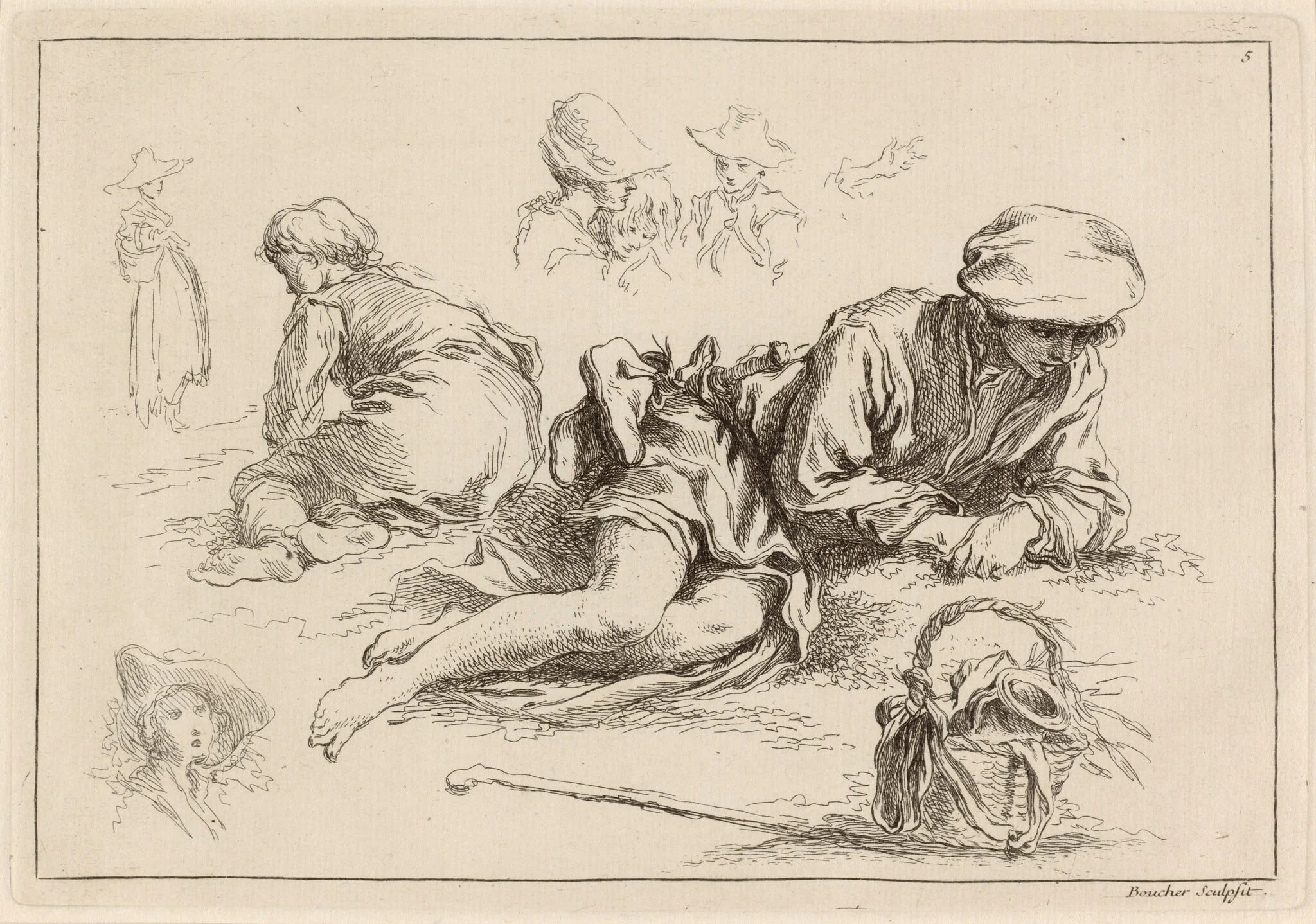 Figure Studies including Reclining Boy, by François Boucher, ink, 1735