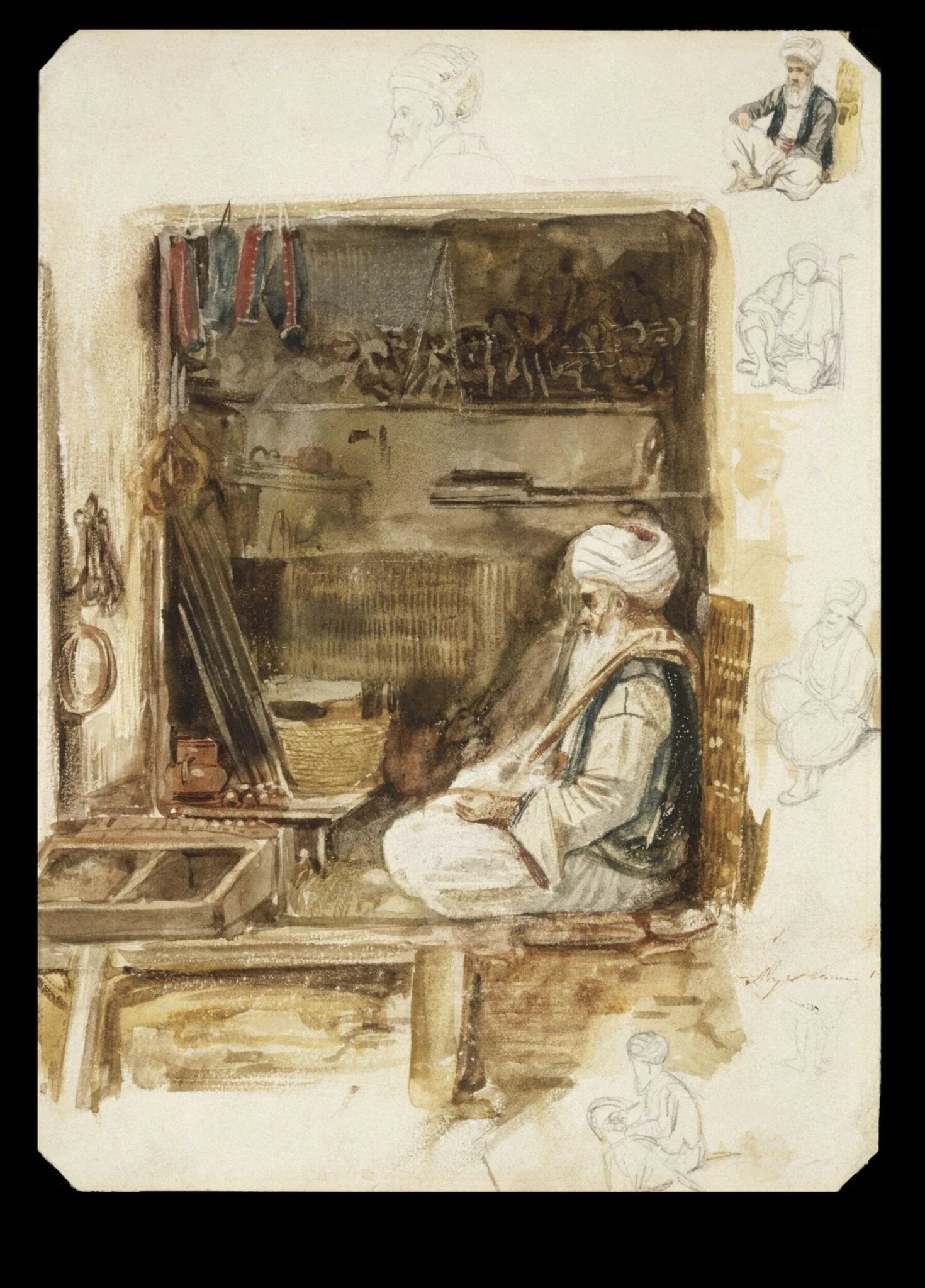 An old merchant in the Souk in Algiers; with figure studies, by William RI Wyld, watercolor, 1833
