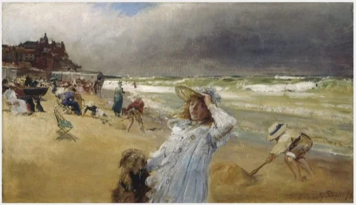 On the Beach, Broadstairs, Kent, by 12th Baronet Sir Robert Staples, oil, 1900