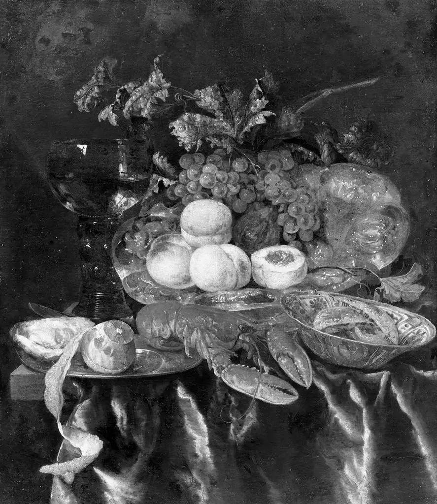 Still life with lobster, fruit, peeled lemon, rummer, silver dish and faience dish on a dark tablecloth