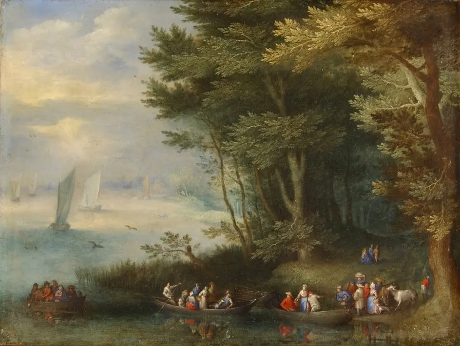 Ferry-Boats by a wooded Riverbank