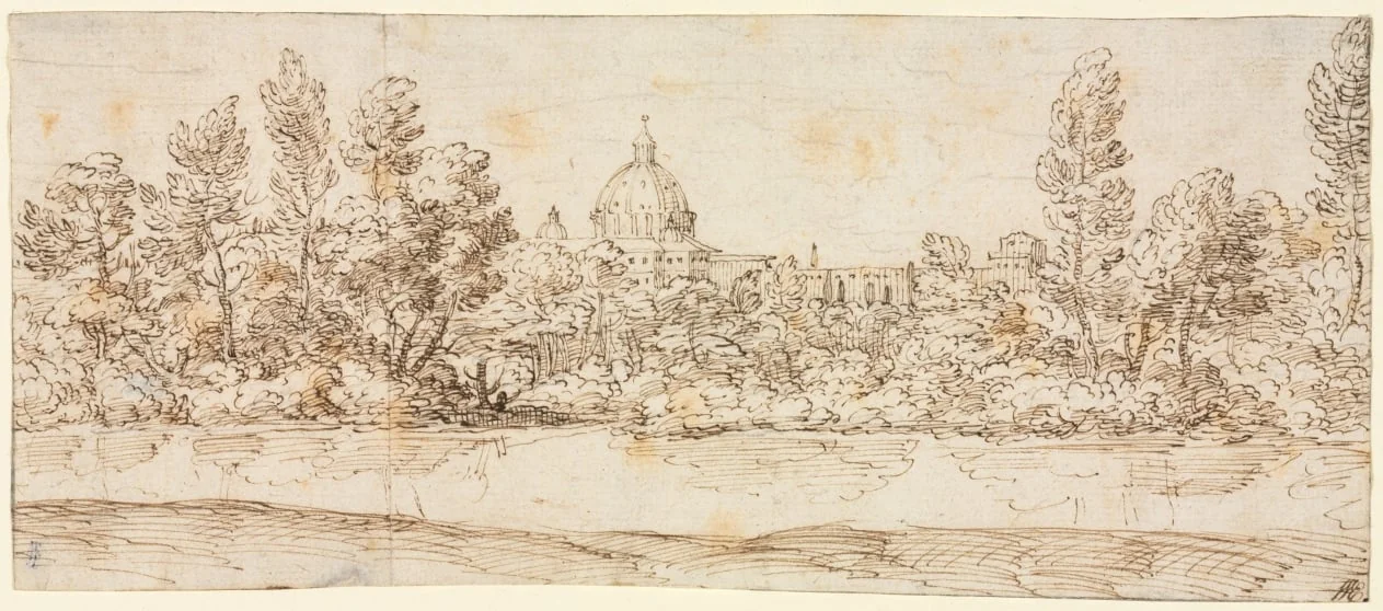 River Landscape with View of St. Peter's Basilica, by Giovanni Francesco Grimaldi, 1660