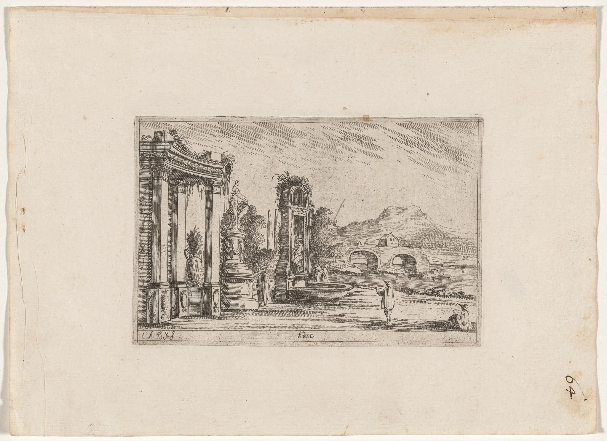 Veduta: Design for a Garden Court with a Mountain View, by Carlo Antonio Buffagnotti, ink, 1700
