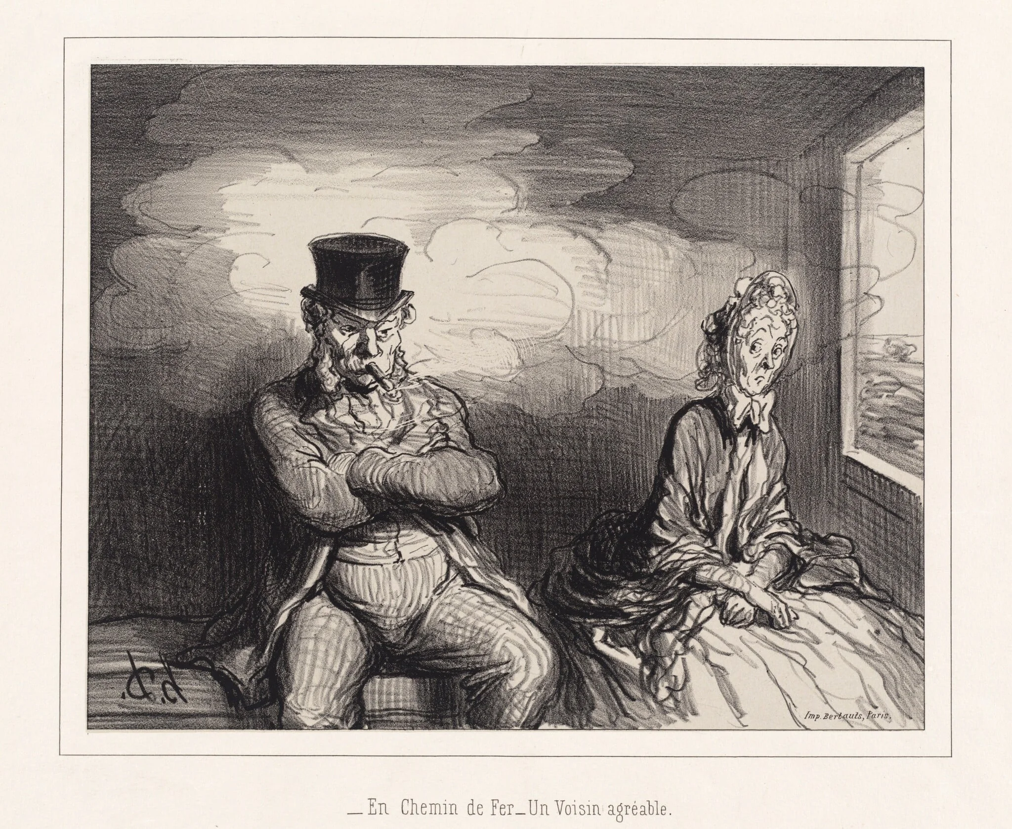 En Chemin de fer... un voisin agréable (On the Railroad: A Pleasant Neighbor), by Honoré Daumier, ink, 1862