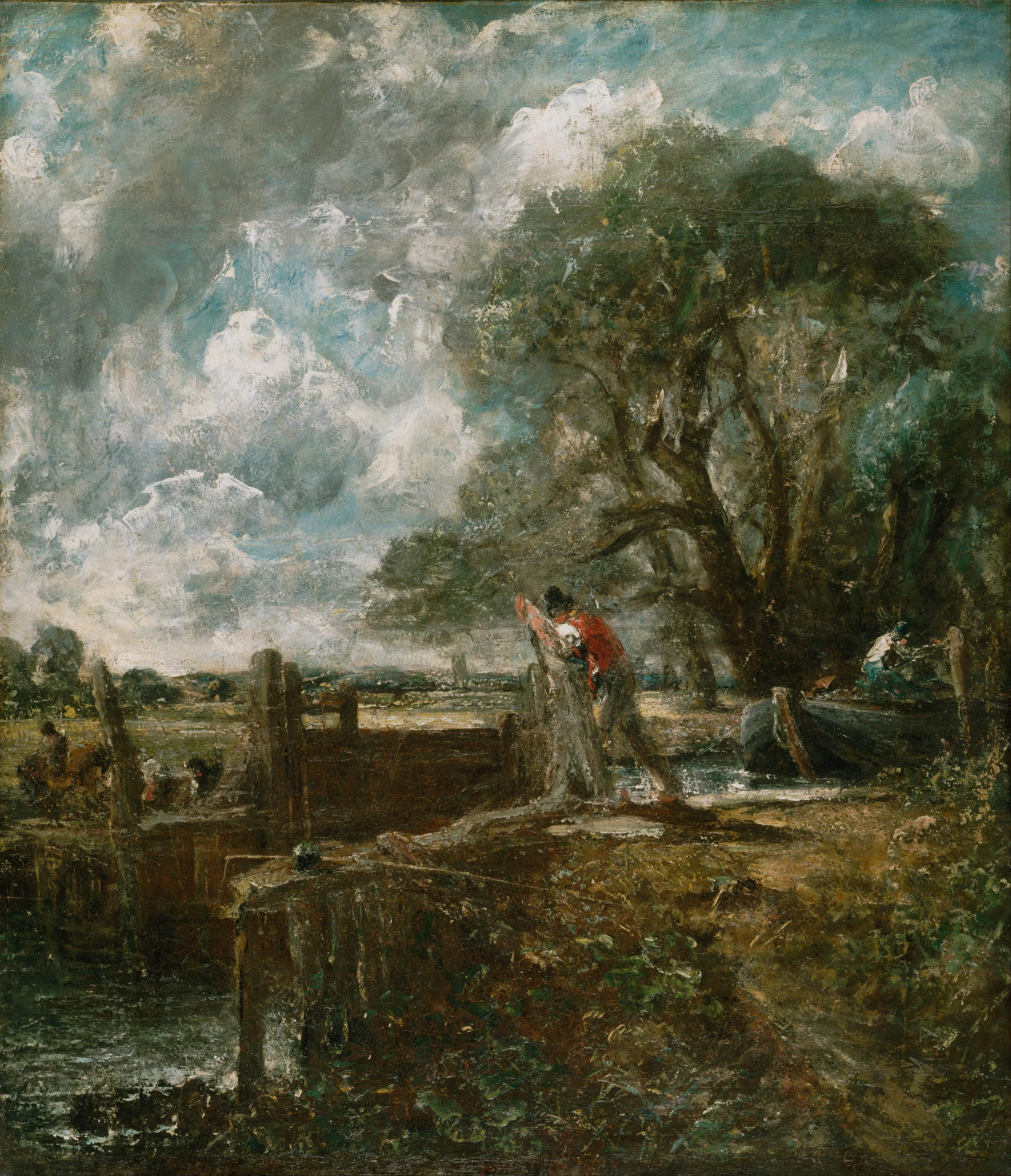 Sketch for A Boat Passing a Lock, by John Constable, oil, 1822