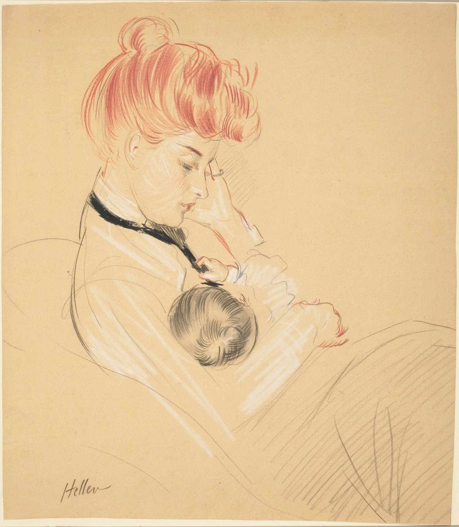 Madame Helleu Cradling Paulette in Her Arms, by Paul César Helleu, chalk, 1904