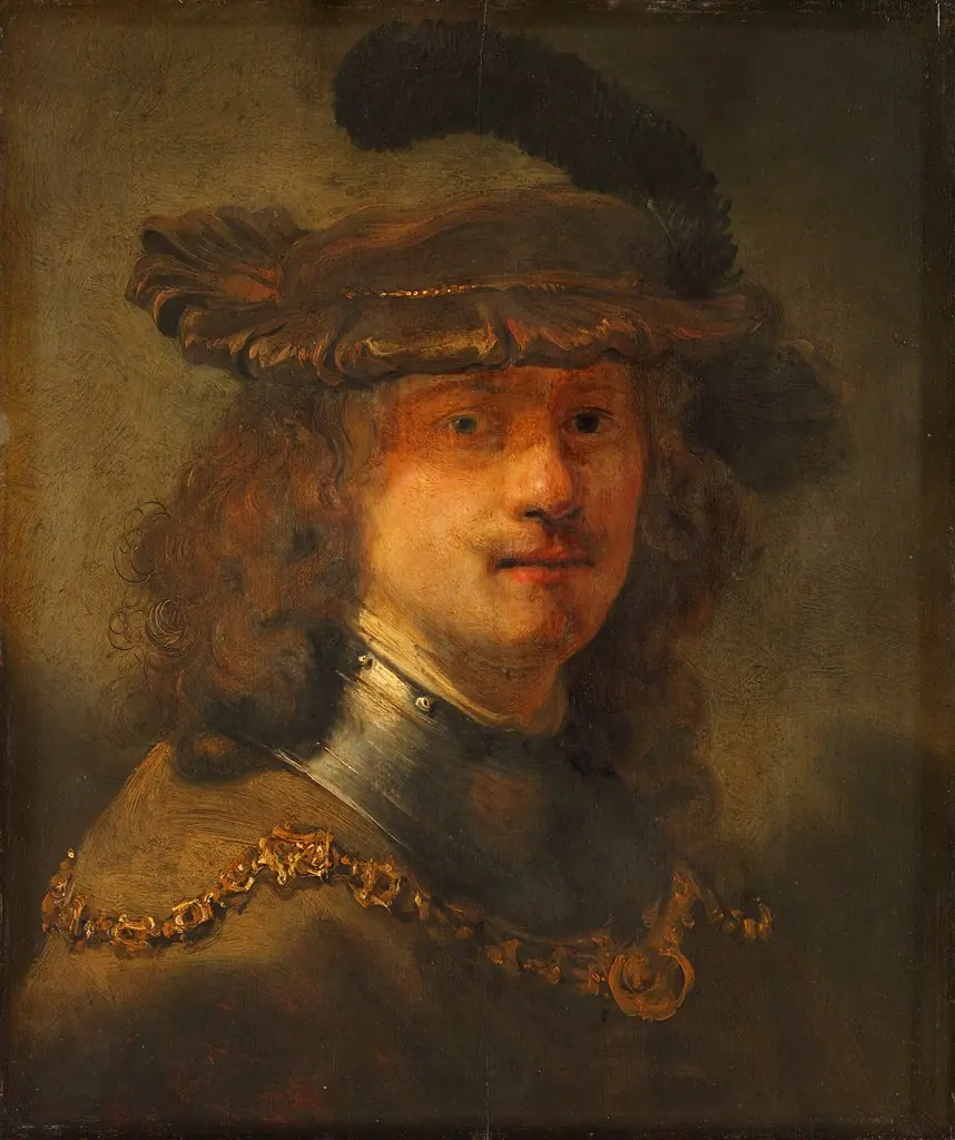 Self portrait with a velvet beret and gold chain