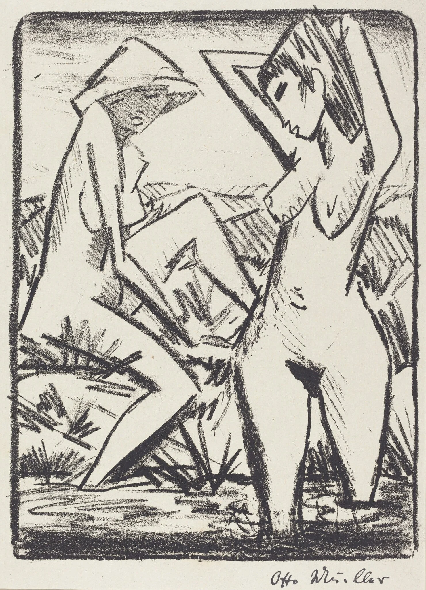 Standing Girl in Water and the Other Sitting on Shore (Im Wasser stehendes und am Ufer sitzendes Madchen mit Hut)