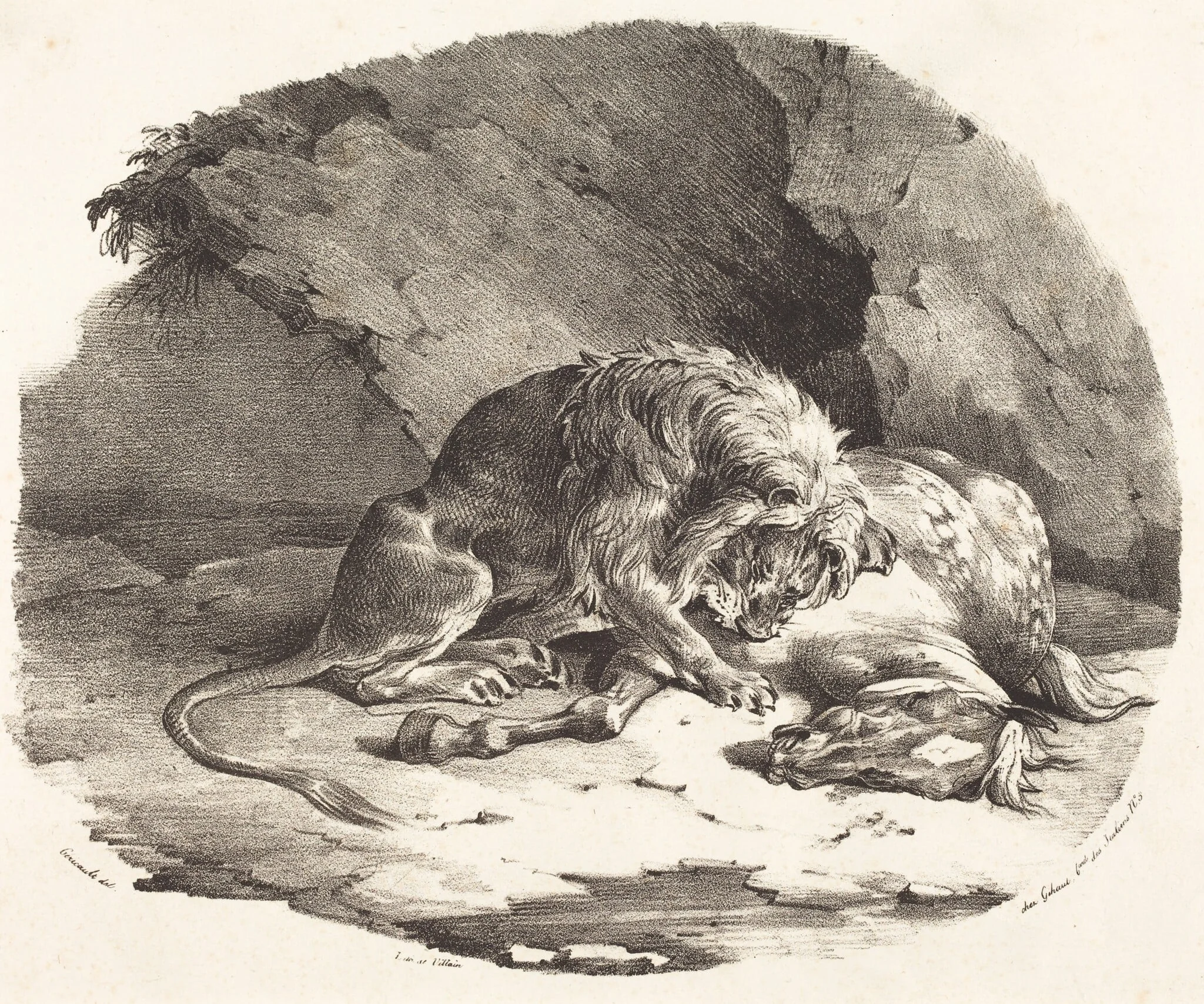 Lion Devouring a Horse, by Théodore Géricault, ink, 1823