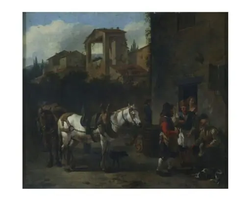 Landscape with wagon and horses at inn door