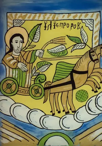 Icoana se bazează pe tradițiile picturii niculene, însă linia desenului trasat cu mare precizie cu un instrument de scris cu tuș, precum și paleta cromatică și degradeul chenarului marginal, indică o pictură de dată recentă, imitând vechile icoane de la Nicula. Reproducea inexactă a chenarului specific Niculei(brâul decorat cu s.uri), coloritul, rama(kitsch) arată că autorul nu era instruit în această direcție, așa cum vor încerca meșterii contemporani. Tiparul este specific perioadei de înflorire a picturii pe sticlă de la Nicula. Sf Ilie într-un car tip faeton roman, tras de doi cai înaripați, deasupra unui lanț de nori.Sfântul este așezat, cu o mână ține hățurile întoarse ca bici, Corpul este disproporționat, mare în comparație cu carul.Fața prelungă, cu barba schițată, părul negru, ochii mari, negri, aureola realizată cu bronz auriu. Chenar(alb cu linii oblice galbene) reproducându-l inexact pe cel specific centrului Nicula, delimitează, împreună cu lanțul de nori, o zonă de câmp galben -lămâi). Colțurile inferioare sunt completate cu două zone triunghiulare de aceeași culoare, unite central printr-o semisferă cu chenar verde.Restul câmpului - bleu în degrade. Pe zona de câmp galben sunt inserate motive fitomorfe(preluate din vechile tipare) și geometrice(cerc verde hașurat, utilizat pentru a sugera altădată un interior. Culorile nespecifice centrului de la Nicula. Rama este lată, marmorată, în relief, prin folosirea unui gips modelat, apoi pictat cu bej și brun, lăcuit.Pe spate este fixat un carton.