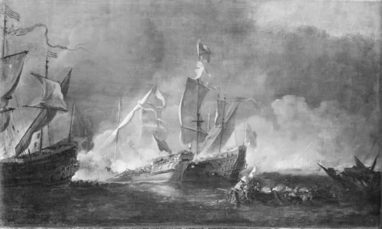 A Turkish Galley in an Encounter with two British Warships, by Unknown, 1650