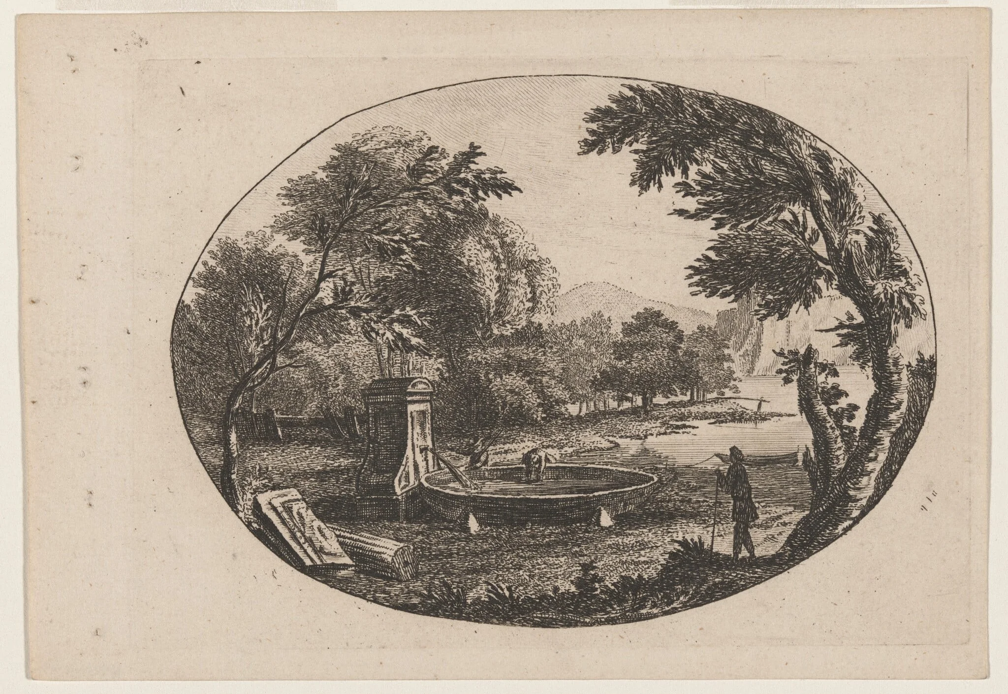 Wooded Landscape with Drinking Spout and Basin, by Paul Sandby, ink, 1750