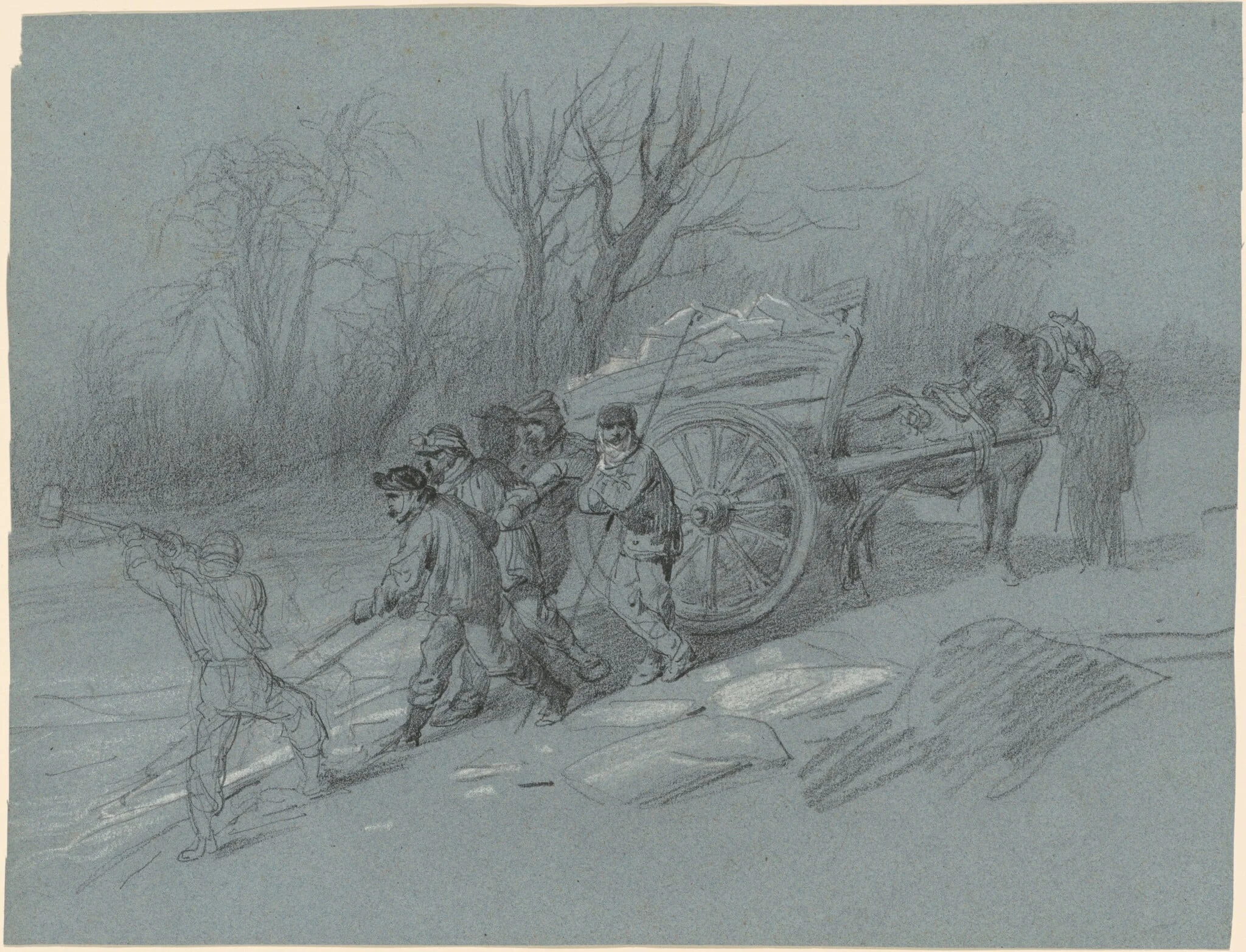 Workmen Gathering Ice at the Water's Edge, by Hippolyte Lalaisse, chalk, 1850