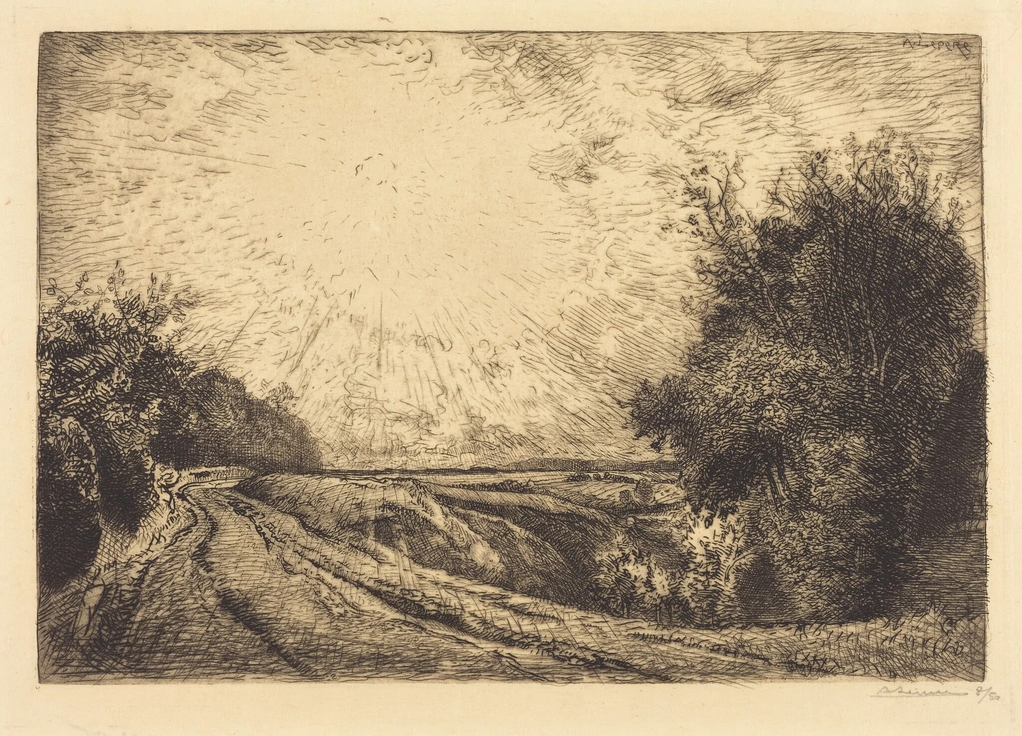 Route from La Houssoye, Crevecoeur-le-Grand (Route de La Houssoye, Crevecoeur), by Auguste Lepère, ink, 1913