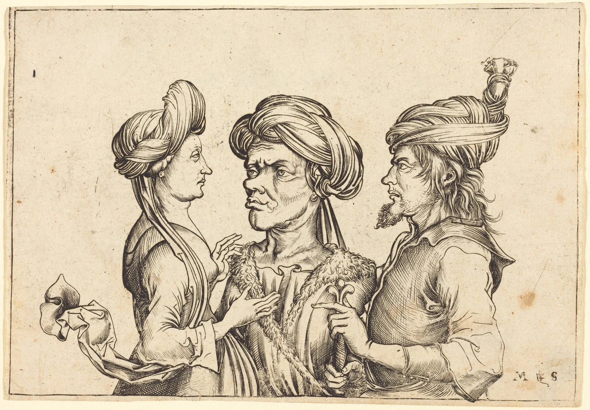 Three Oriental Figures, by German 15th Century, ink, 1490