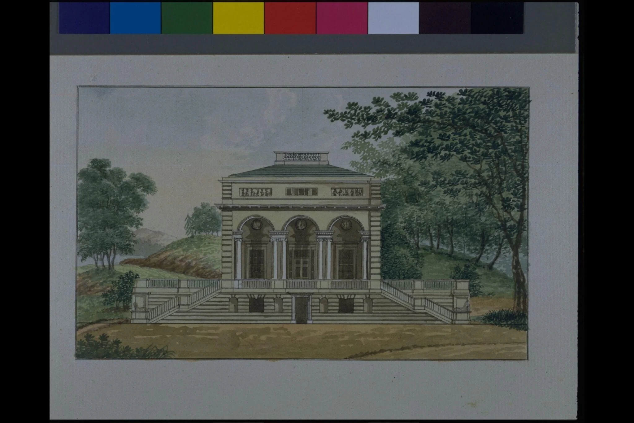 The Front Elevation of a Design for a Villa, by John Plaw, watercolor, 1784