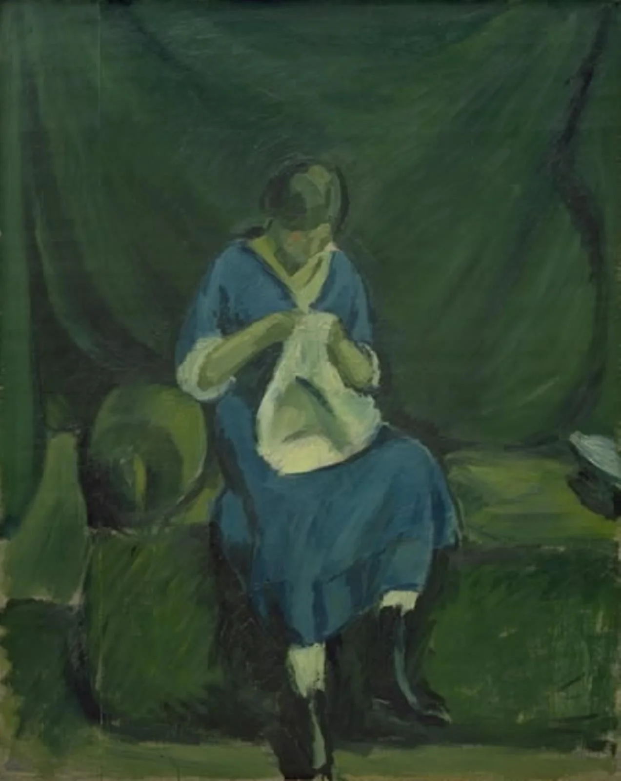 A Young Girl Sewing, by Unknown, 1915