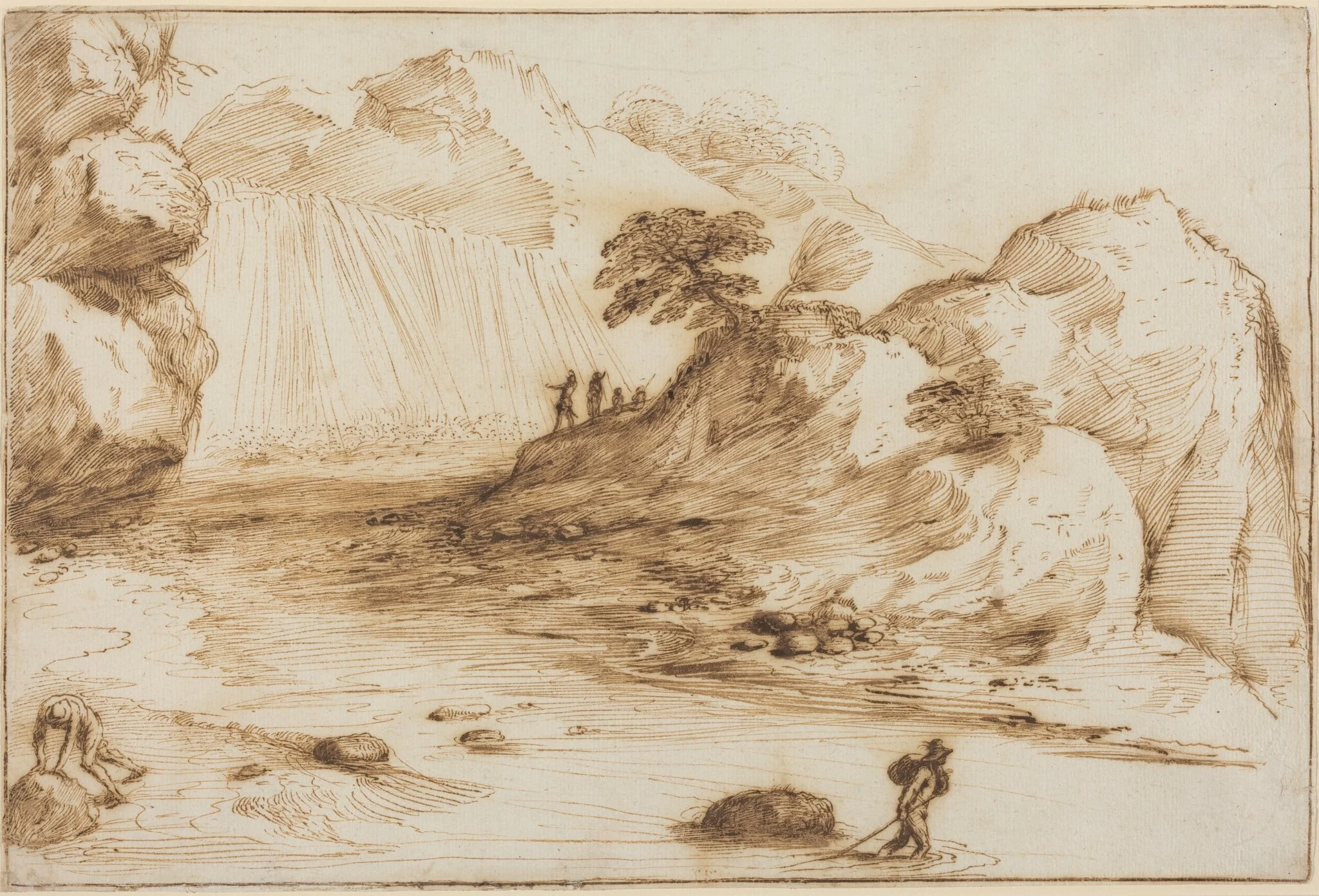 Landscape with a Waterfall, by Guercino, ink, 1628