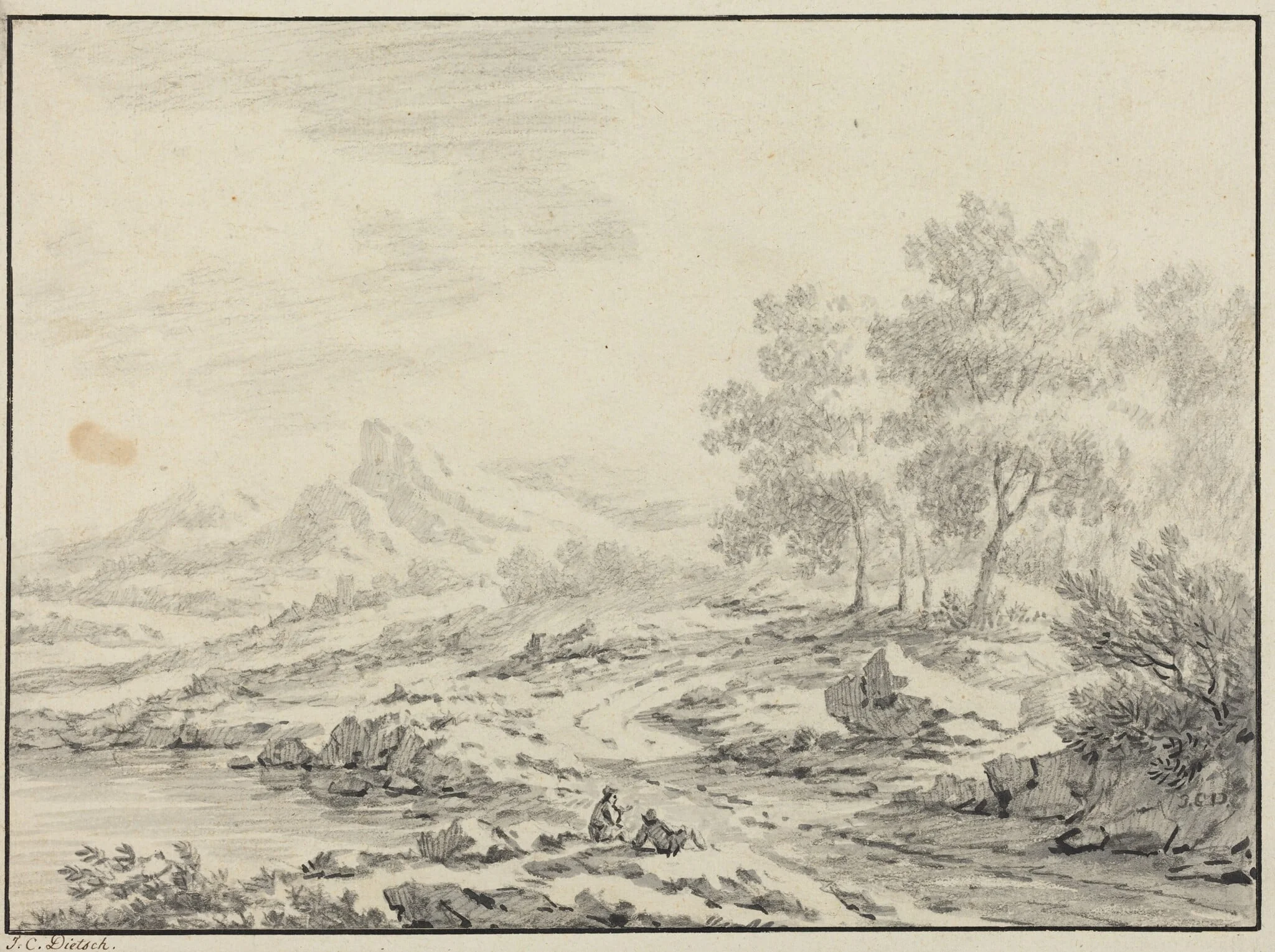 Two Men Resting near a Lake, by Johann Christoph Dietzsch, chalk, 1740