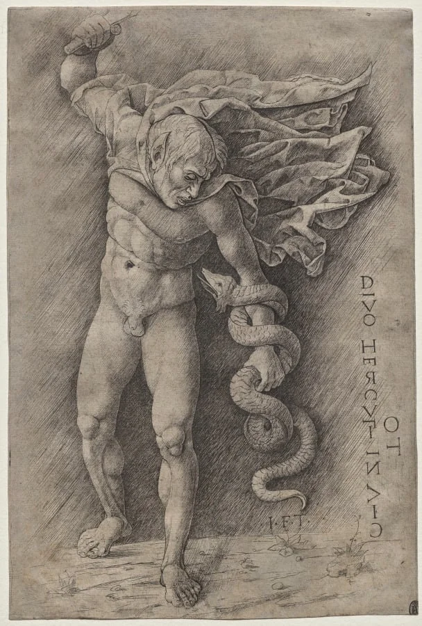 Faun Attacking a Snake, by Unknown, 1485