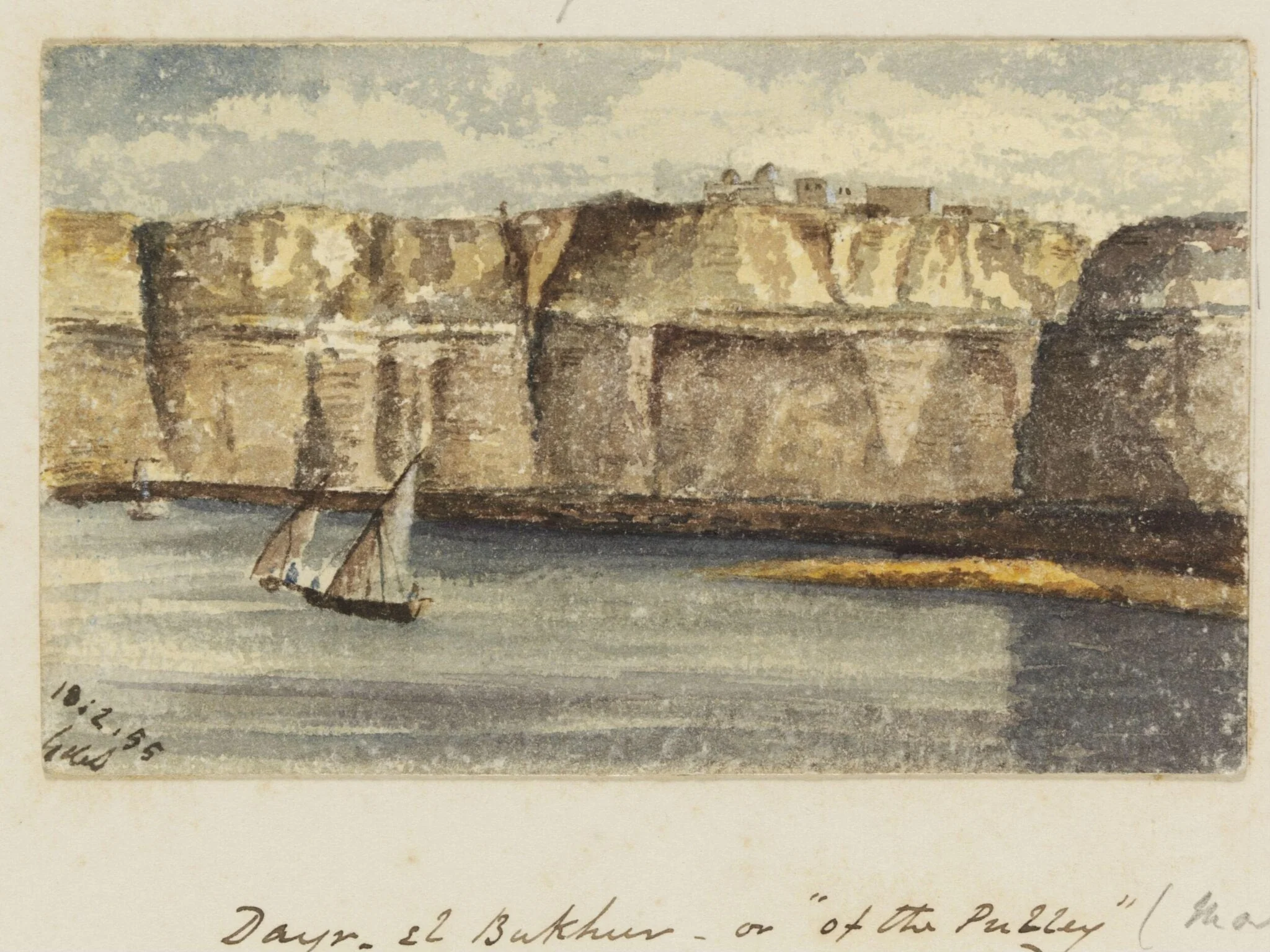 Dayr- El Bukhur - or "of the Pulley"  Coptic Convent on Gebel-e-Tayr.  Upper Egypt, by George de Sausmarez, watercolor, 1855